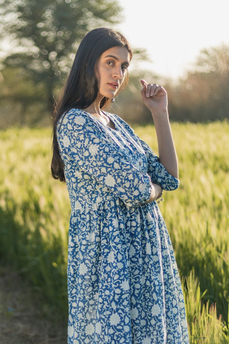Sootisyahi 'Bloom Mist' Azofree Handblock Printed Pure Cotton Dress - SootiSyahi