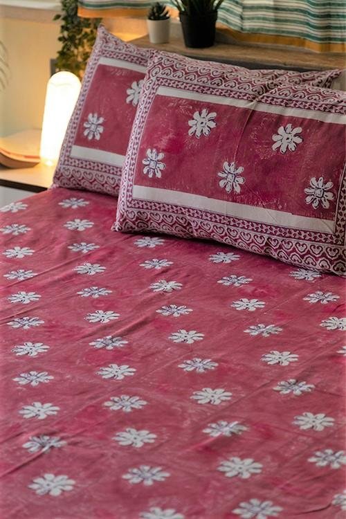 Sootisyahi 'Blooming Pink' Handblock Printed Cotton Bedsheet - SootiSyahi