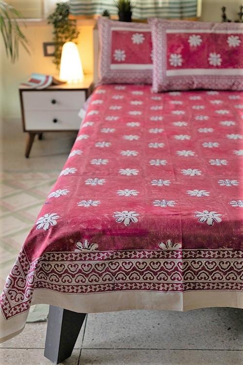Sootisyahi 'Blooming Pink' Handblock Printed Cotton Bedsheet - SootiSyahi