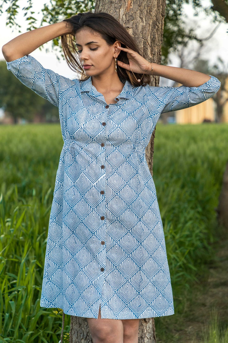 Sootisyahi 'Blue and Bay' Azofree Handblock Printed Pure Cotton Dress - SootiSyahi