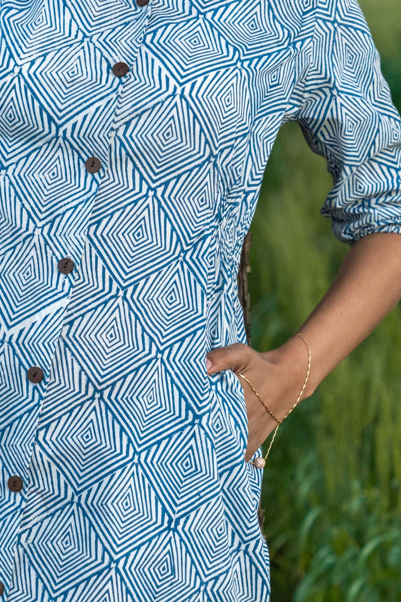Sootisyahi 'Blue and Bay' Azofree Handblock Printed Pure Cotton Dress - SootiSyahi