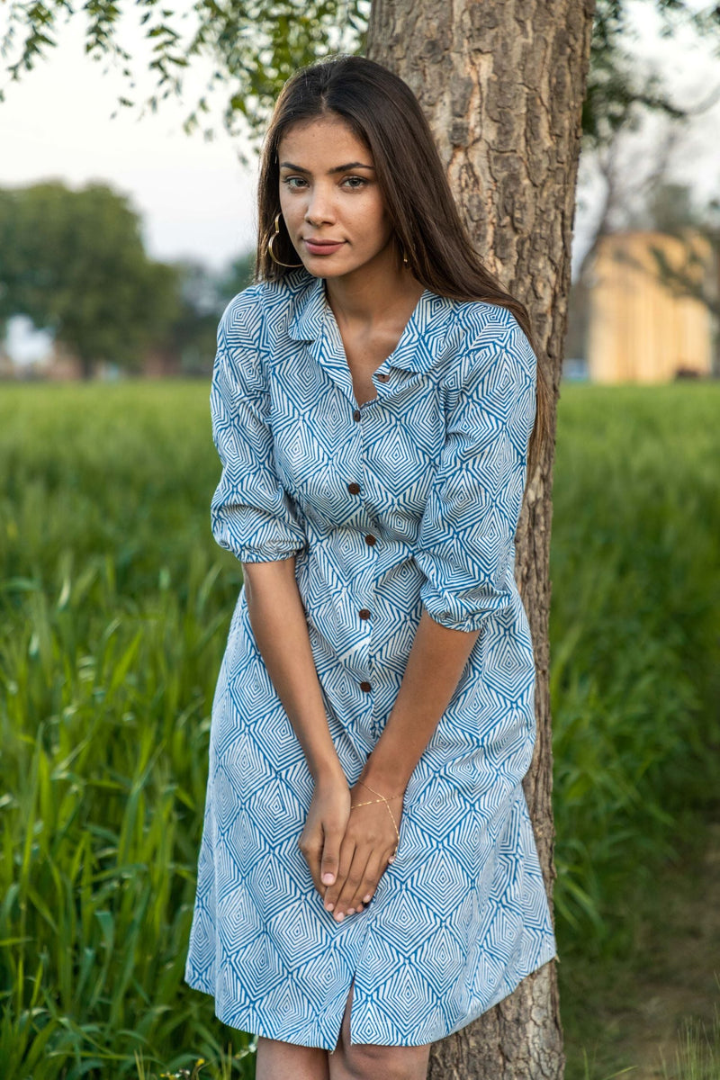 Sootisyahi 'Blue and Bay' Azofree Handblock Printed Pure Cotton Dress - SootiSyahi
