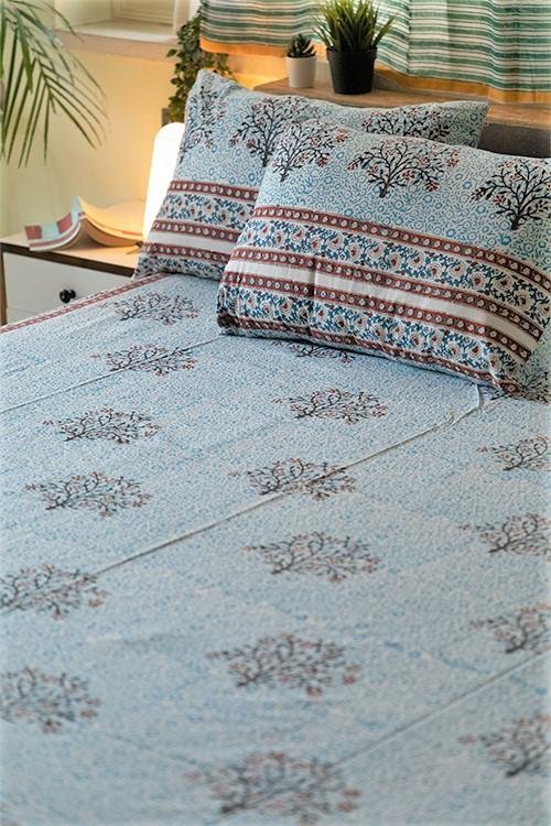Sootisyahi 'Blue Bloom' Handblock Printed Cotton Bedsheet - SootiSyahi