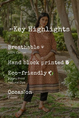 Sootisyahi 'Blushing Betel' Bagru Handblock Printed Pure Cotton Kurti - SootiSyahi