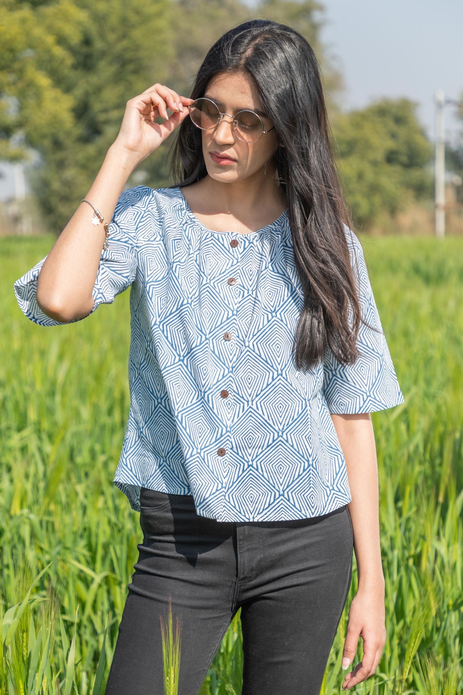 Sootisyahi 'Breezy Mint' Azofree Handblock Printed Pure Cotton Crop Top - SootiSyahi