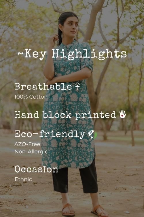 Sootisyahi 'Buds and Bushes' Azofree Handblock Printed Pure Cotton Kurti - SootiSyahi
