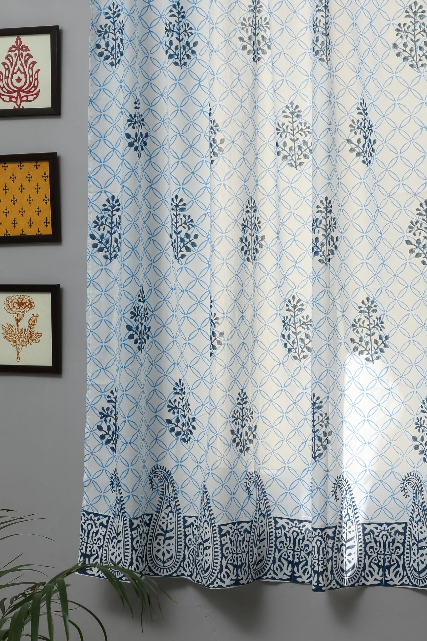 SootiSyahi 'Cabbean Blue' Handblock Printed Cotton Window Curtain - SootiSyahi