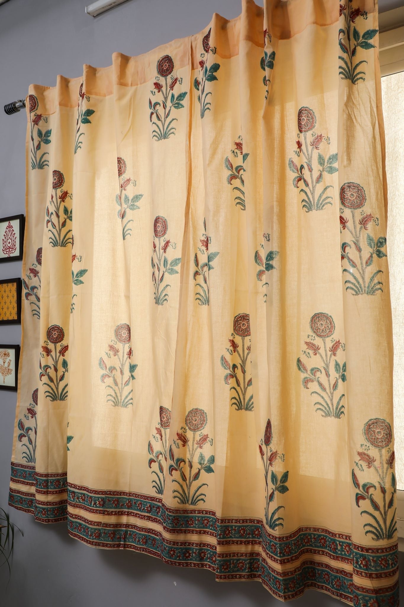 SootiSyahi 'Calendula Red' Handblock Printed Cotton Window Curtain - SootiSyahi