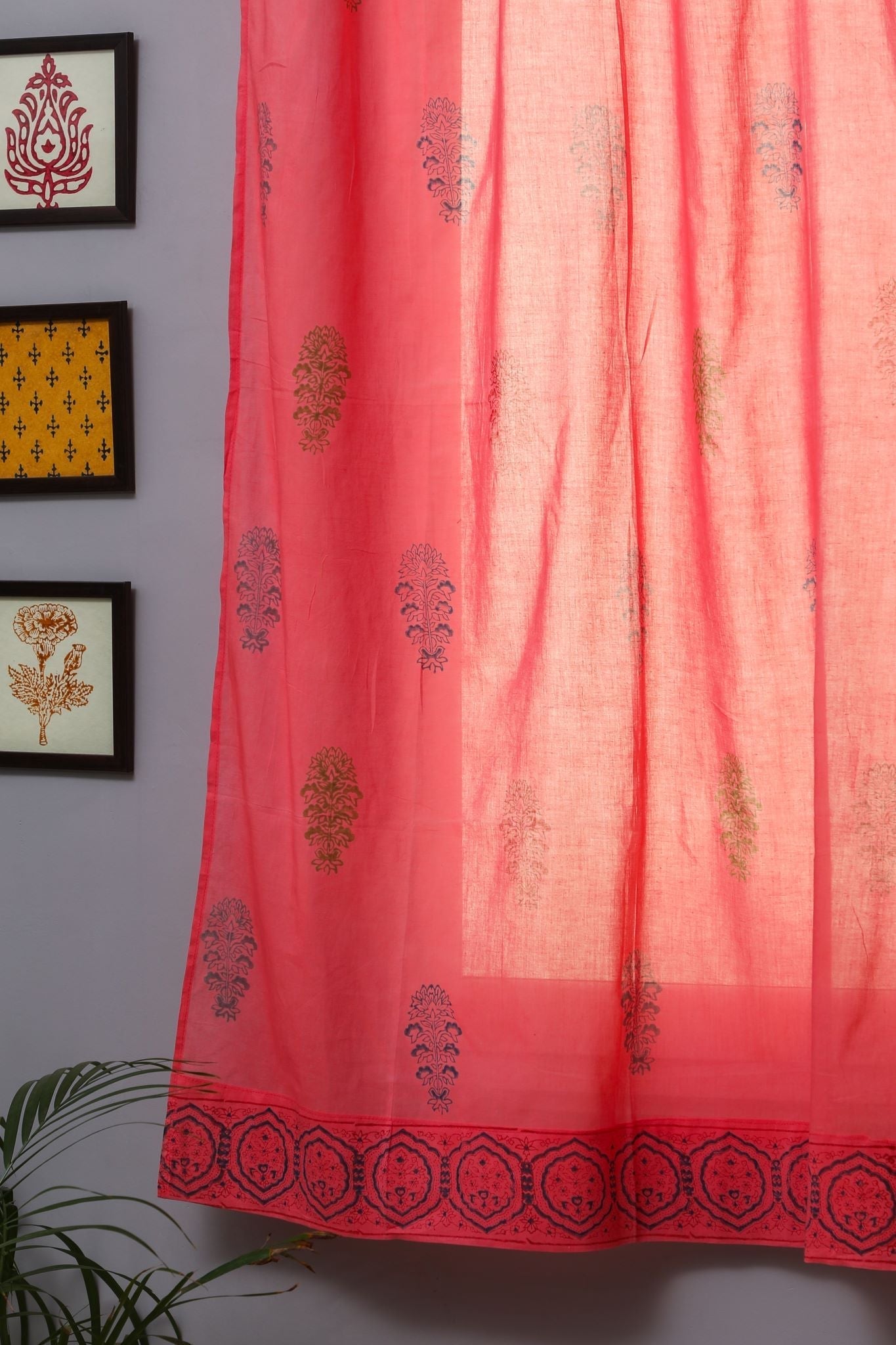 SootiSyahi 'Climbing Orangee' Handblock Printed Cotton Window Curtain - SootiSyahi