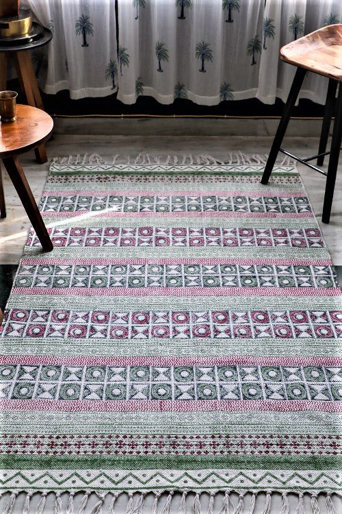 SootiSyahi 'Colorful Checkers' Handblock Printed Cotton Dhurrie Rug - SootiSyahi