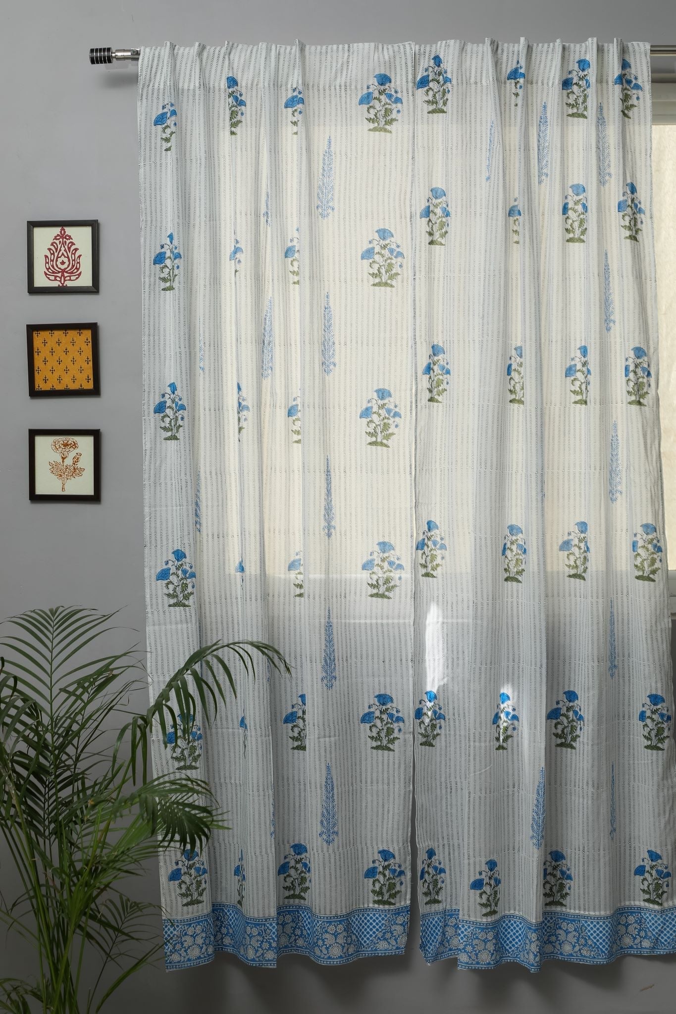 SootiSyahi 'Coral Blue' Handblock Printed Cotton Door Curtain - SootiSyahi