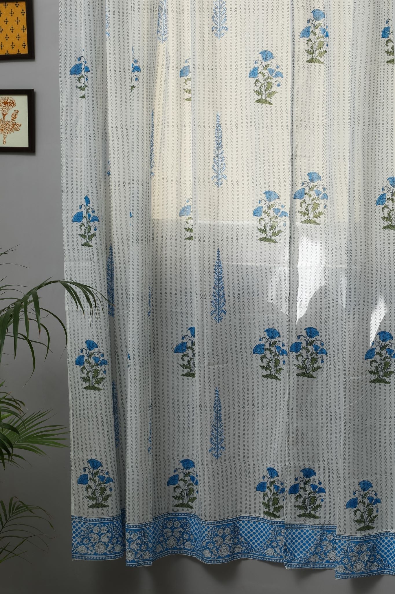 SootiSyahi 'Coral Blue' Handblock Printed Cotton Door Curtain - SootiSyahi