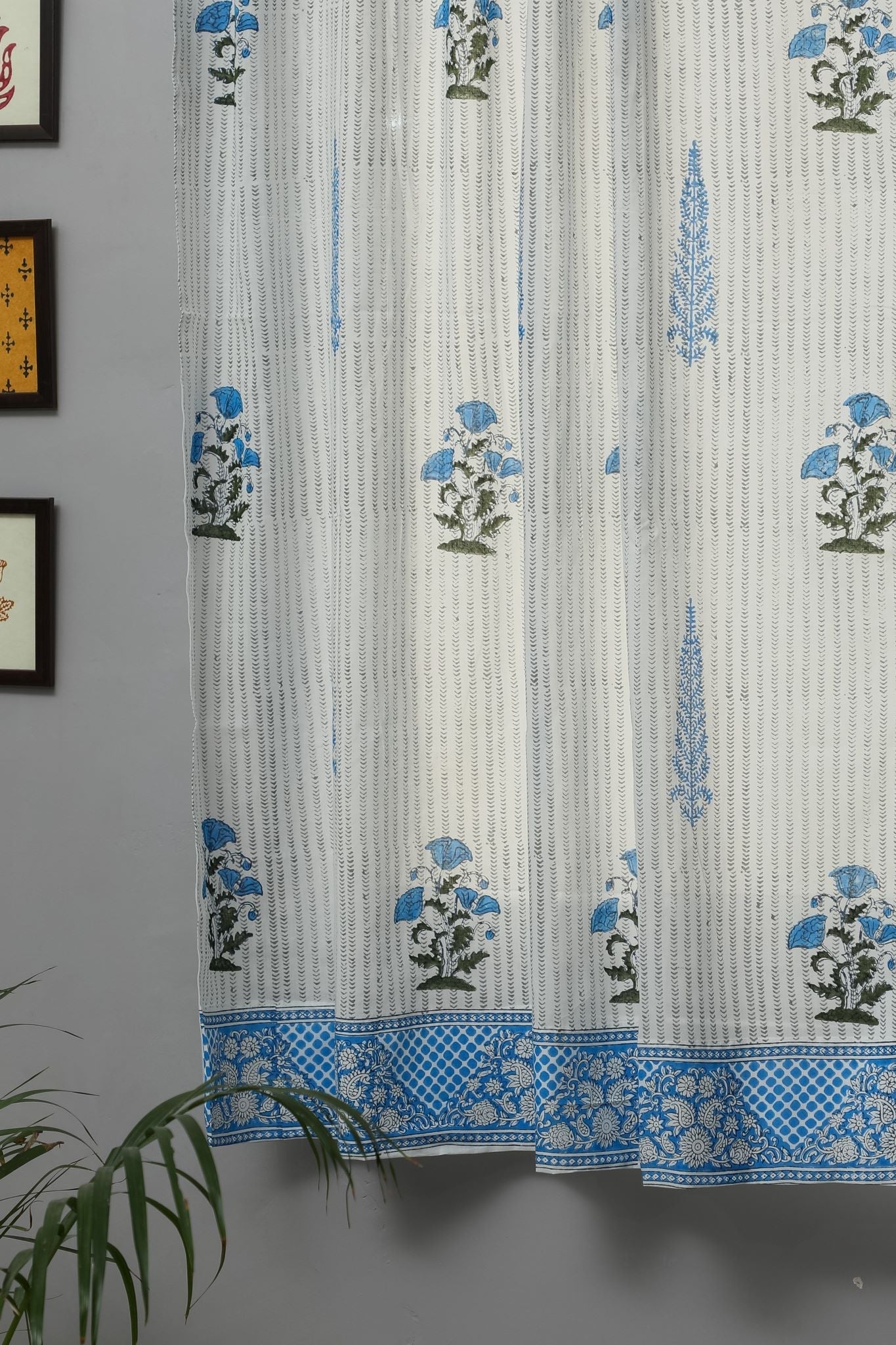 SootiSyahi 'Coral Blue' Handblock Printed Cotton Window Curtain - SootiSyahi