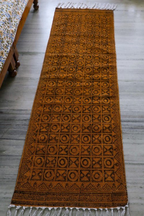 SootiSyahi 'Cris Cross' Handblock Printed Cotton Dhurrie Rug - SootiSyahi