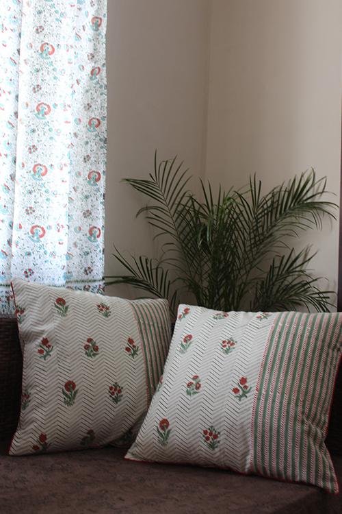 Sootisyahi 'Daisy' Floral Blossom' Handblock Printed Cotton Cushion Cover Set - SootiSyahi