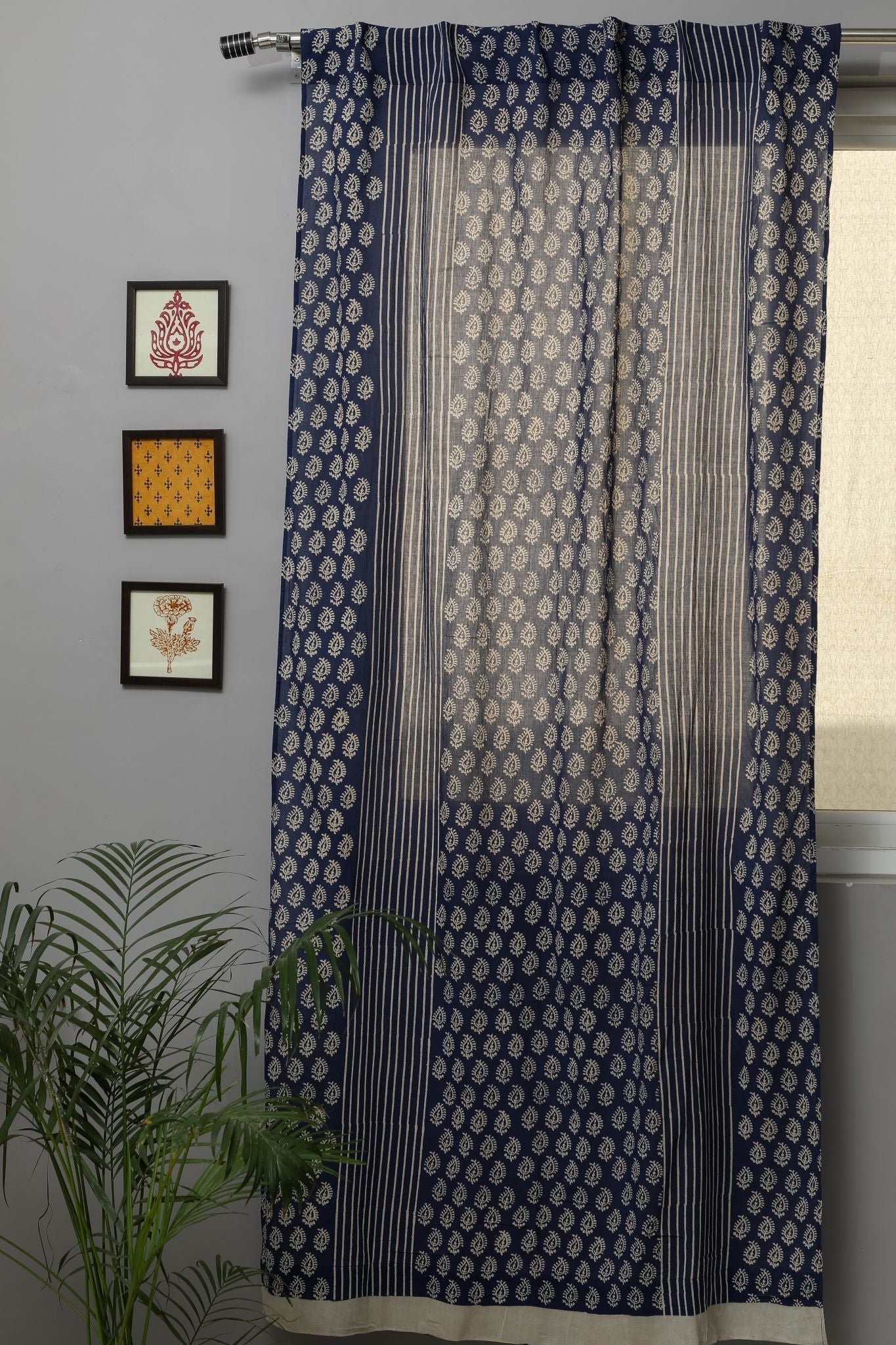 SootiSyahi 'Delphinium' Handblock Printed Cotton Door Curtain - SootiSyahi