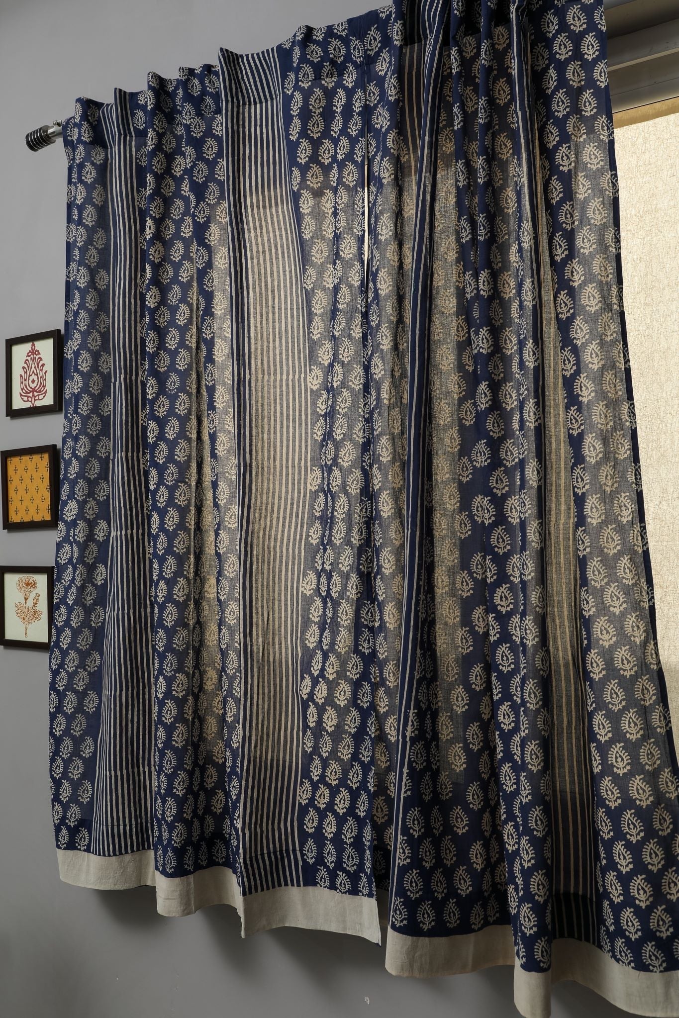 SootiSyahi 'Delphinium' Handblock Printed Cotton Window Curtain - SootiSyahi