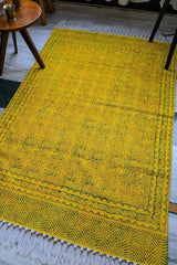 SootiSyahi 'Dijon Mustard' Handblock Printed Cotton Dhurrie Rug - SootiSyahi