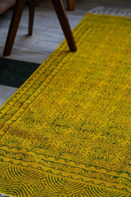 SootiSyahi 'Dijon Mustard' Handblock Printed Cotton Dhurrie Rug - SootiSyahi
