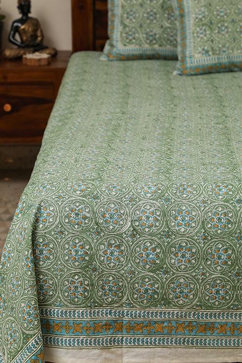 Sootisyahi 'Dream Green' Handblock Printed Cotton Bedsheet - SootiSyahi