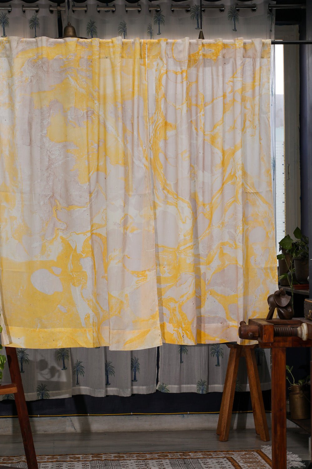 SootiSyahi 'Dreaming Yellow' Handmarble Printed Cotton Window Curatin - SootiSyahi