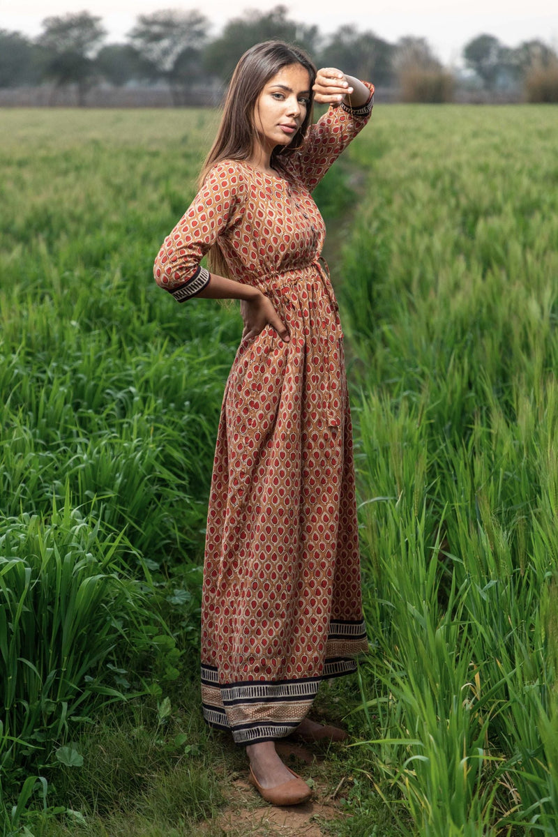 Sootisyahi 'Earthen Bliss' Bagru Handblock Printed Pure Cotton Dress - SootiSyahi