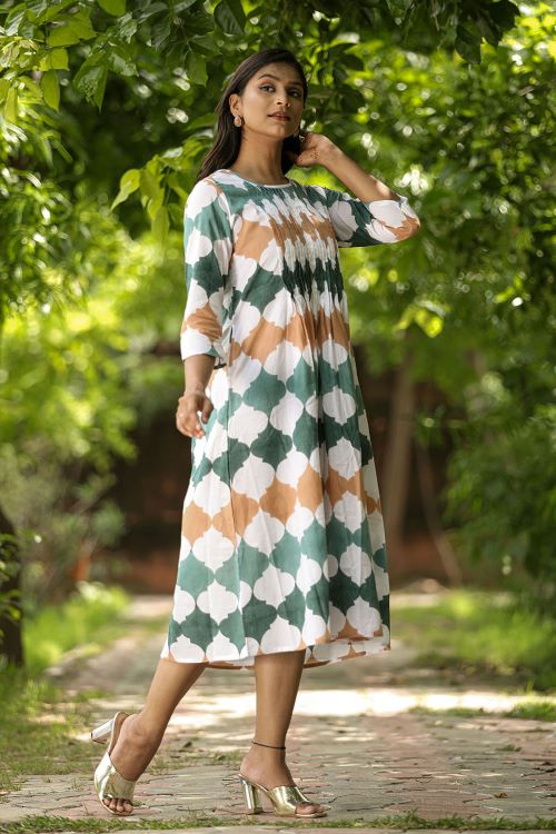 SootiSyahi 'Earthy Fall' Block Printed Cotton Dress - SootiSyahi
