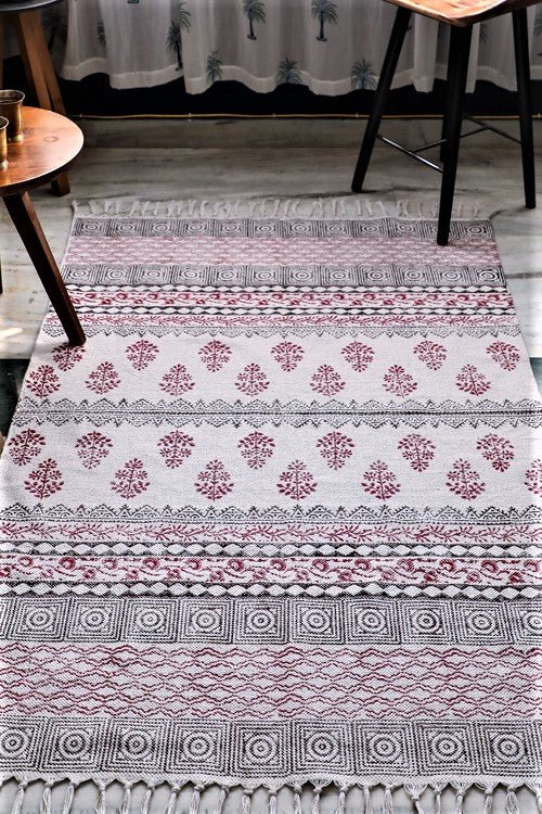 SootiSyahi 'Flooring Blush' Handblock Printed Handloom Cotton Dhurrie Rug - SootiSyahi