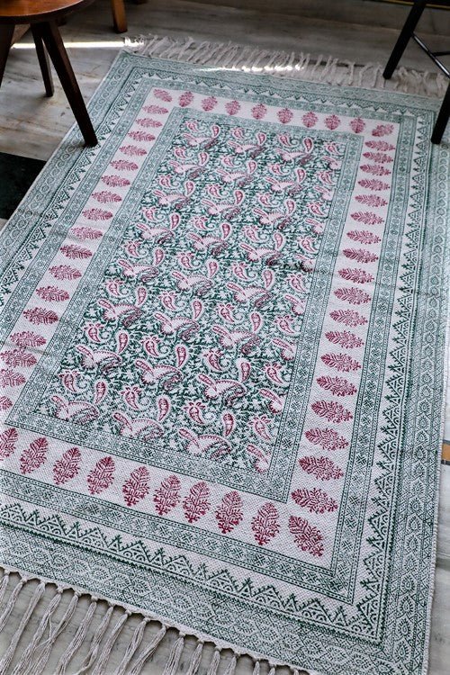 SootiSyahi 'Flooring Paisley' Handblock Printed Cotton Dhurrie Rug - SootiSyahi