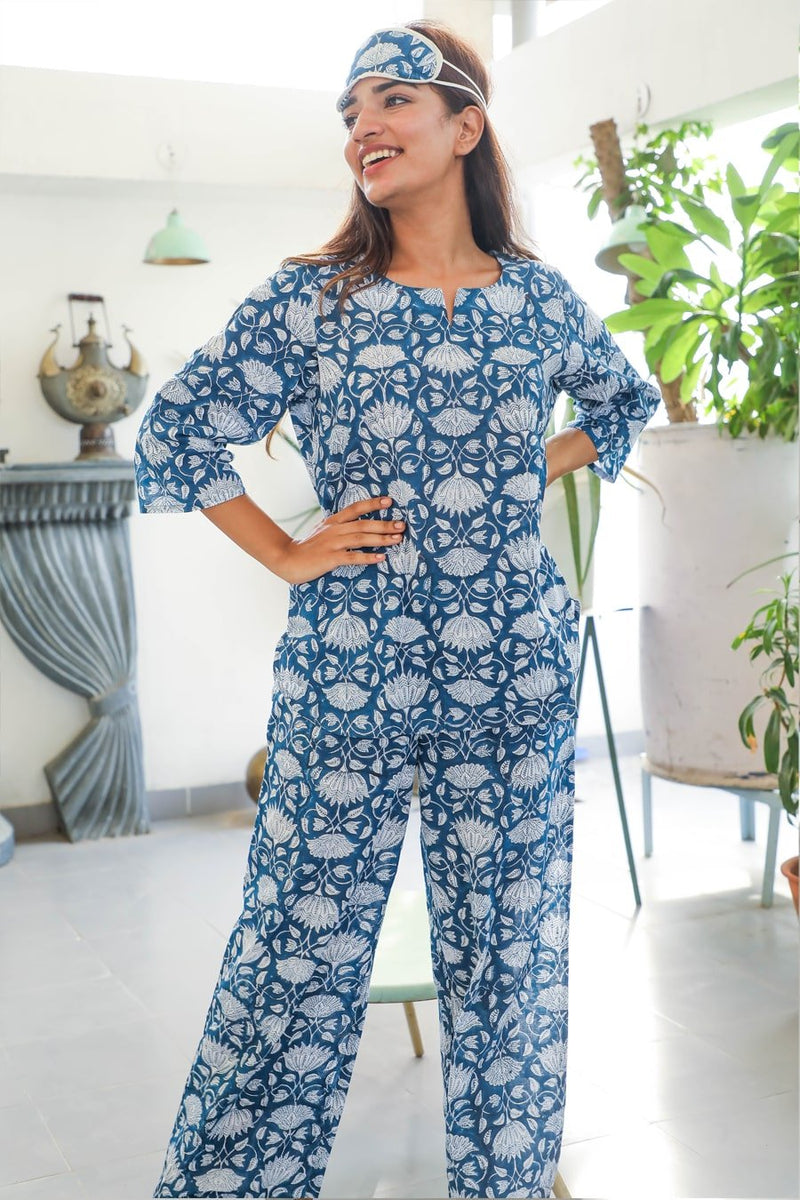 Sootisyahi 'Floral Blue ' Azofree Handblock Printed Pure Cotton Night Suit - SootiSyahi