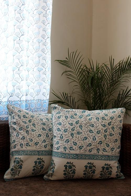 Sootisyahi 'Floral Creepers' Handblock Printed Cotton Cushion Cover Set - SootiSyahi