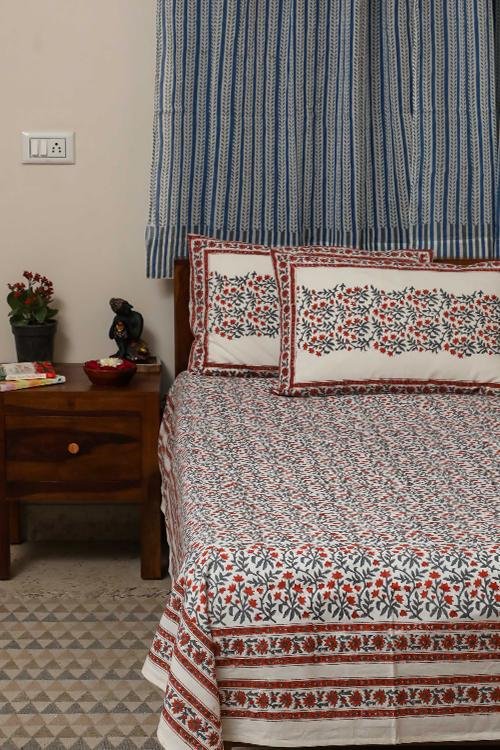 Sootisyahi 'Floral Crimson' Handblock Printed Cotton Bedsheet - SootiSyahi