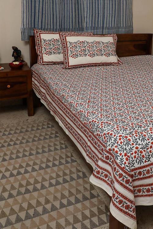 Sootisyahi 'Floral Crimson' Handblock Printed Cotton Bedsheet - SootiSyahi