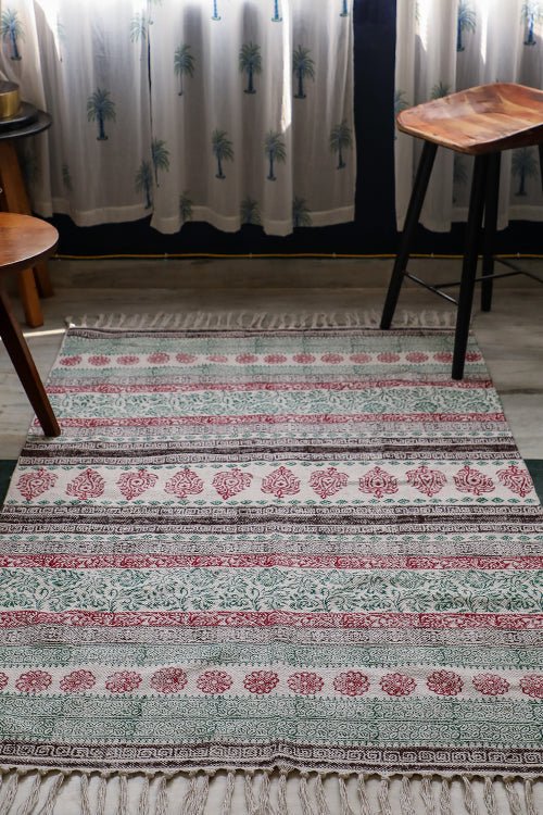 SootiSyahi 'Flowering Blush' Handblock Printed Cotton Dhurrie Rug - SootiSyahi