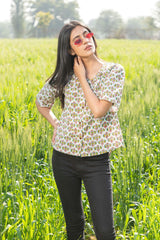 Sootisyahi 'Fresh Flora' Azofree Handblock Printed Pure Cotton Crop Top - SootiSyahi