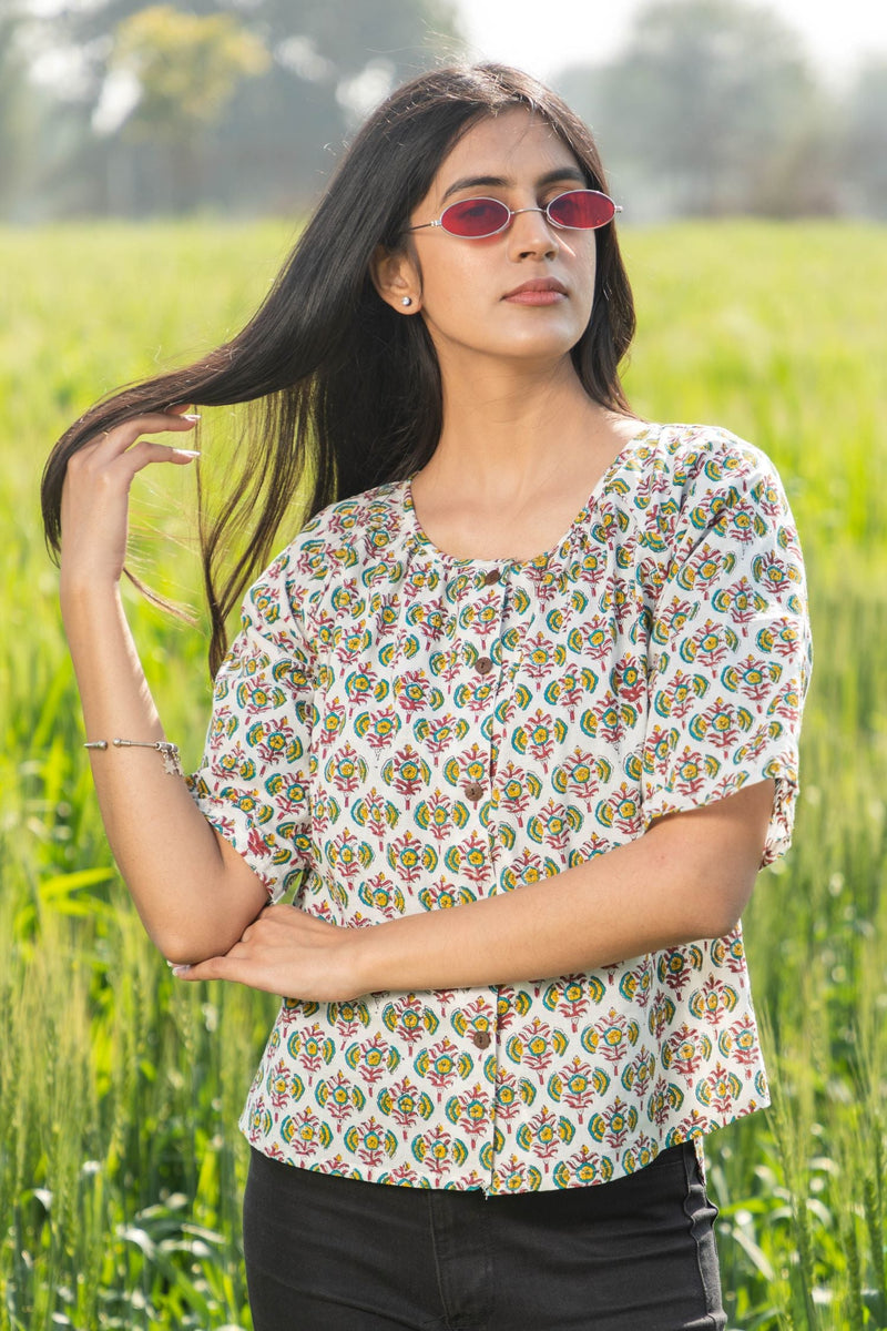 Sootisyahi 'Fresh Flora' Azofree Handblock Printed Pure Cotton Crop Top - SootiSyahi