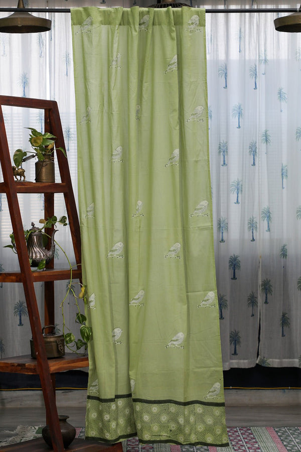 SootiSyahi 'Garden Sparrow- Pastel Green' Handblock Printed Cotton Door Curatin - SootiSyahi