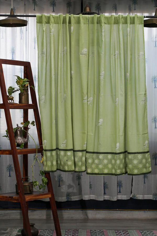 SootiSyahi 'Garden Sparrow- Pastel Green' Handblock Printed Cotton Window Curatin - SootiSyahi