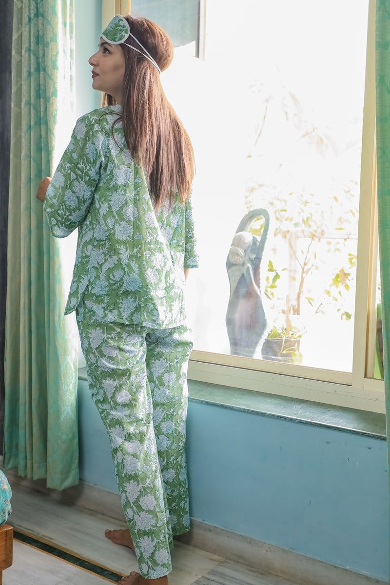Sootisyahi 'Green Grassland ' Azofree Handblock Printed Pure Cotton Night Suit - SootiSyahi
