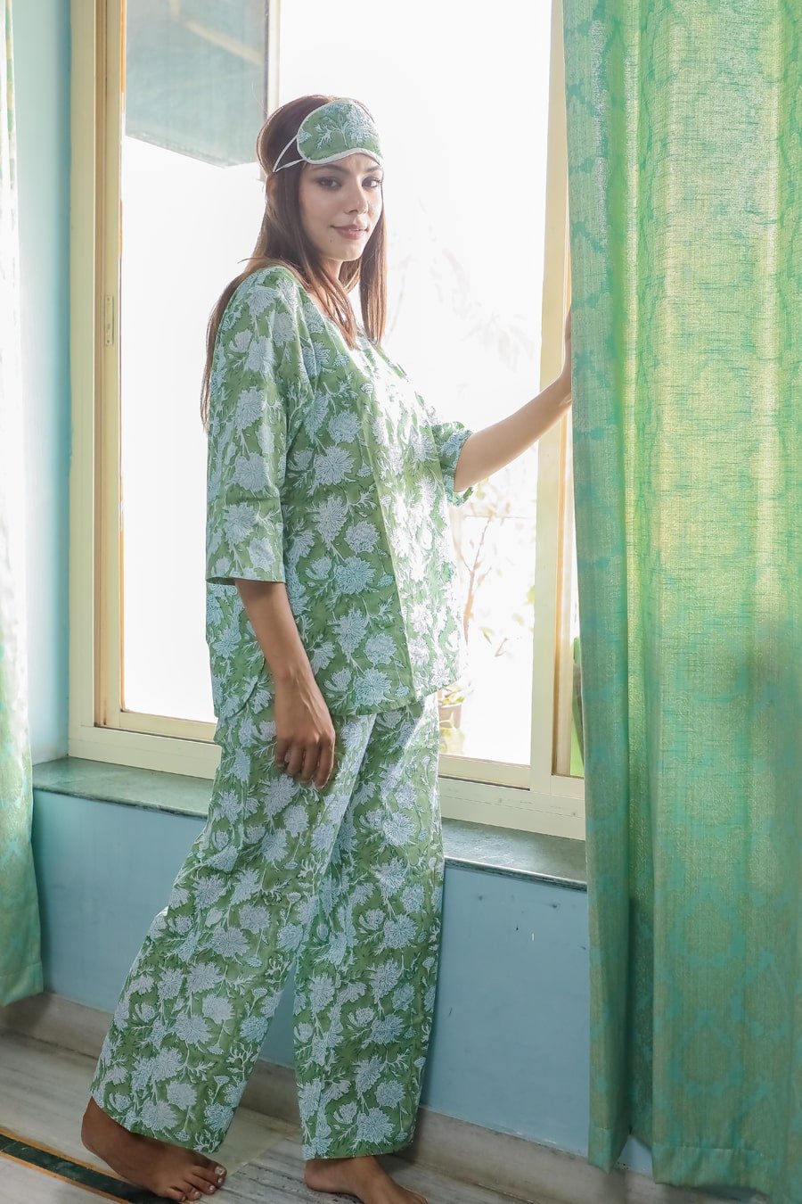 Sootisyahi 'Green Grassland ' Azofree Handblock Printed Pure Cotton Night Suit - SootiSyahi