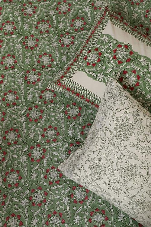 Sootisyahi 'Green Mesh' Handblock Printed Cotton Bedsheet - SootiSyahi