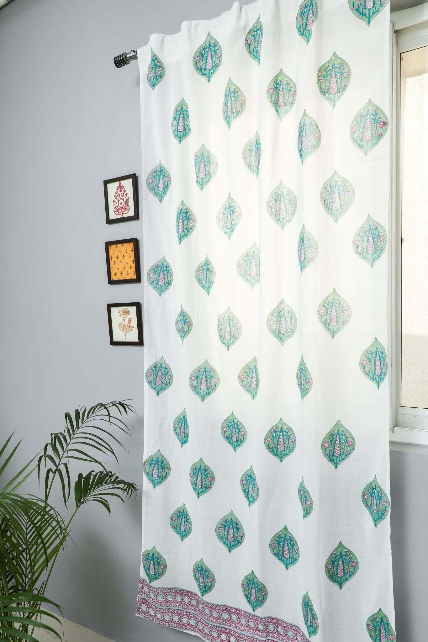 SootiSyahi 'Green Palm' Handblock Printed Cotton Door Curtain - SootiSyahi