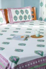 SootiSyahi 'Green & Voilet' Handblock Printed Cotton Bedsheet - SootiSyahi