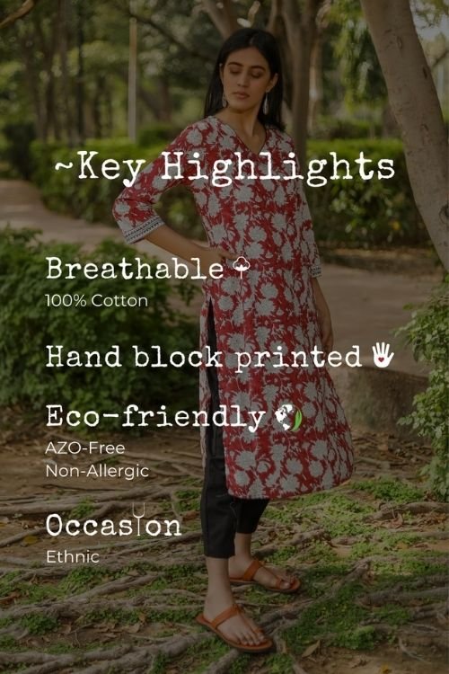 Sootisyahi 'Hidden Hibiscus' Azofree Handblock Printed Pure Cotton Kurti - SootiSyahi