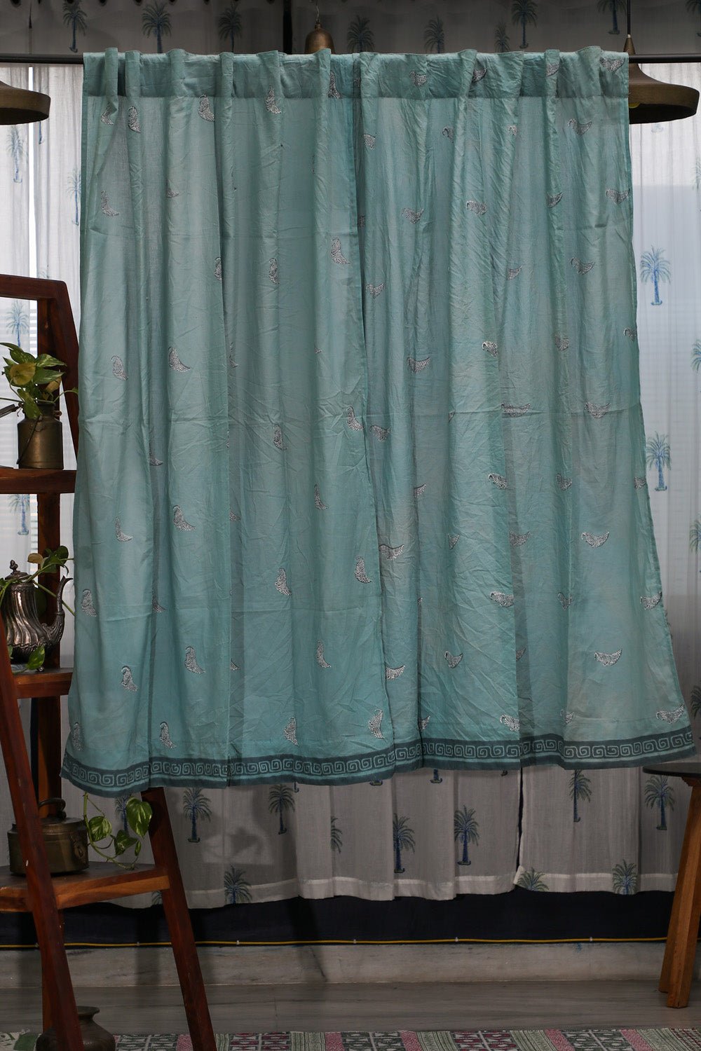 SootiSyahi 'Hiding Sparrow- Pastel Pine' Handblock Printed Cotton Window Curatin - SootiSyahi