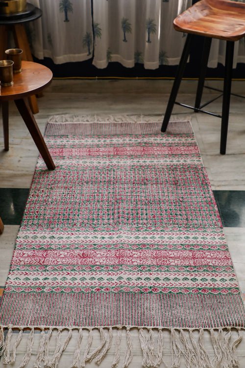 SootiSyahi 'Imperfectly Perfect' Handblock Printed Cotton Dhurrie Rug - SootiSyahi