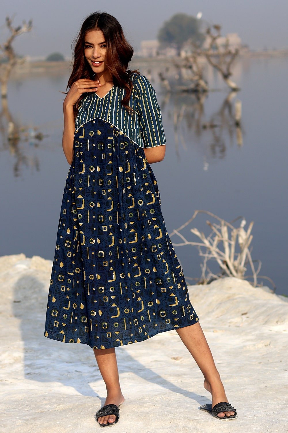 SootiSyahi 'Indigo Fusion' Block Printed Cotton Dress - SootiSyahi