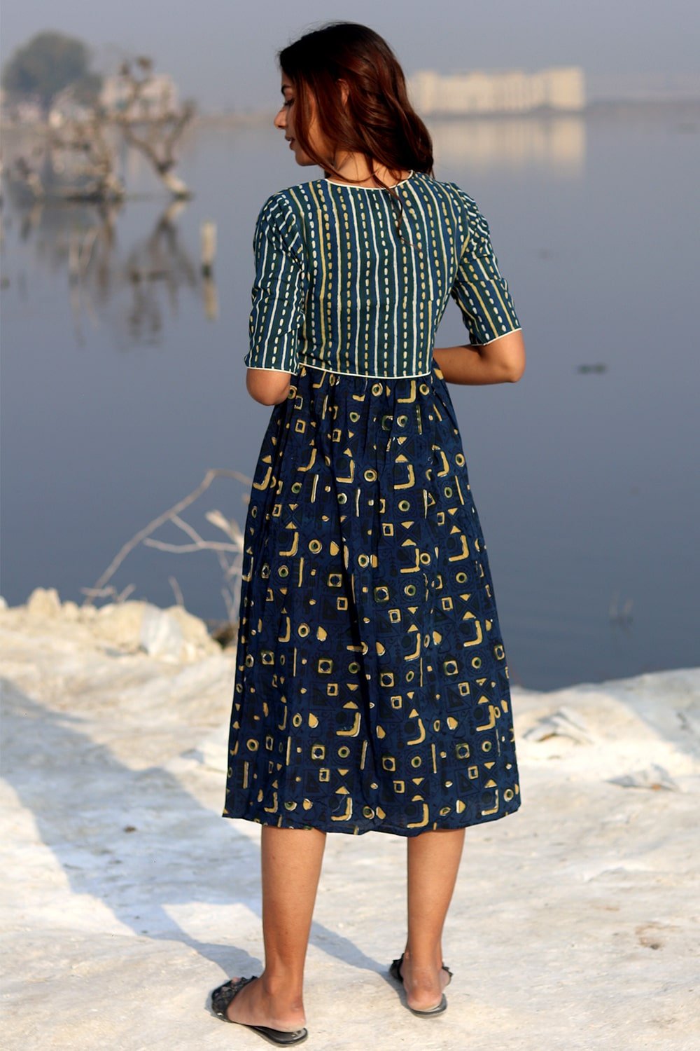 SootiSyahi 'Indigo Fusion' Block Printed Cotton Dress - SootiSyahi