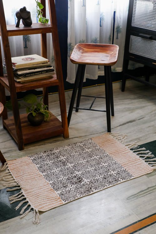 SootiSyahi 'Irrationally Rational' Handblock Printed Cotton Dhurrie Rug - SootiSyahi
