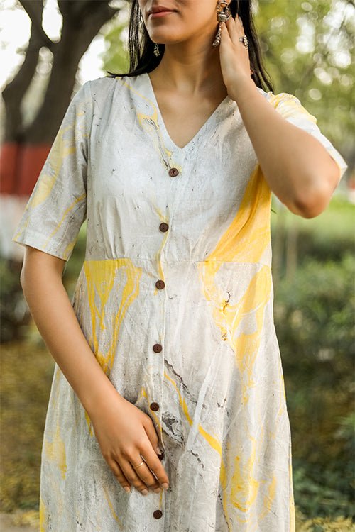 Sootisyahi 'Lemonade' Handmarble Printed Pure Cotton Dress - SootiSyahi